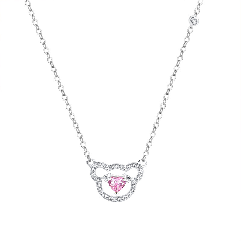 S925 Sterling Silver Heartbeat Bear Necklace Female Cute Collarbone Chain Inlaid Pink Zirconium Bracelet Set