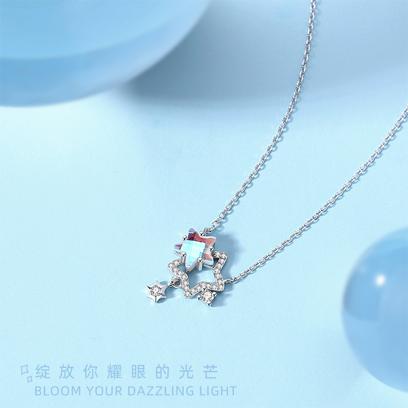 Starburst Necklace Women S925 Sterling Silver Girl'S Heart Star Micro-Set Illusion Stone Pendant Collarbone Chain