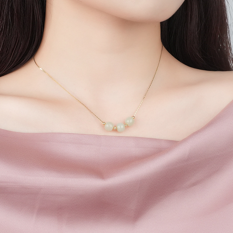 S925 Sterling Silver Country Style 18k Yellow Gold Color Pendant Hetian Jade Transfer Bead Necklace