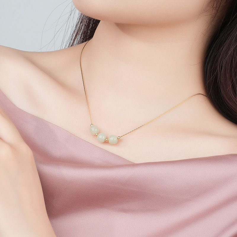 S925 Sterling Silver Country Style 18k Yellow Gold Color Pendant Hetian Jade Transfer Bead Necklace