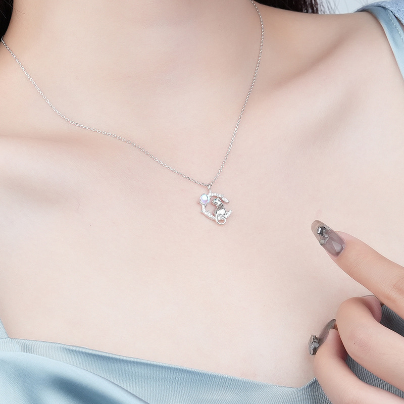 Hope Moon Cat Necklace S925 Sterling Silver Cute Cat Collarbone Chain Micro-Set Moonstone Pendant  Women'S Necklaces Silver