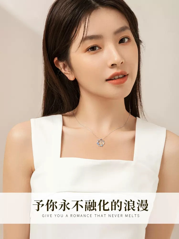 S925 Sterling Silver Christmas Snowflake Ring Necklace Female Bow Blue Zirconia Silver Jewelry