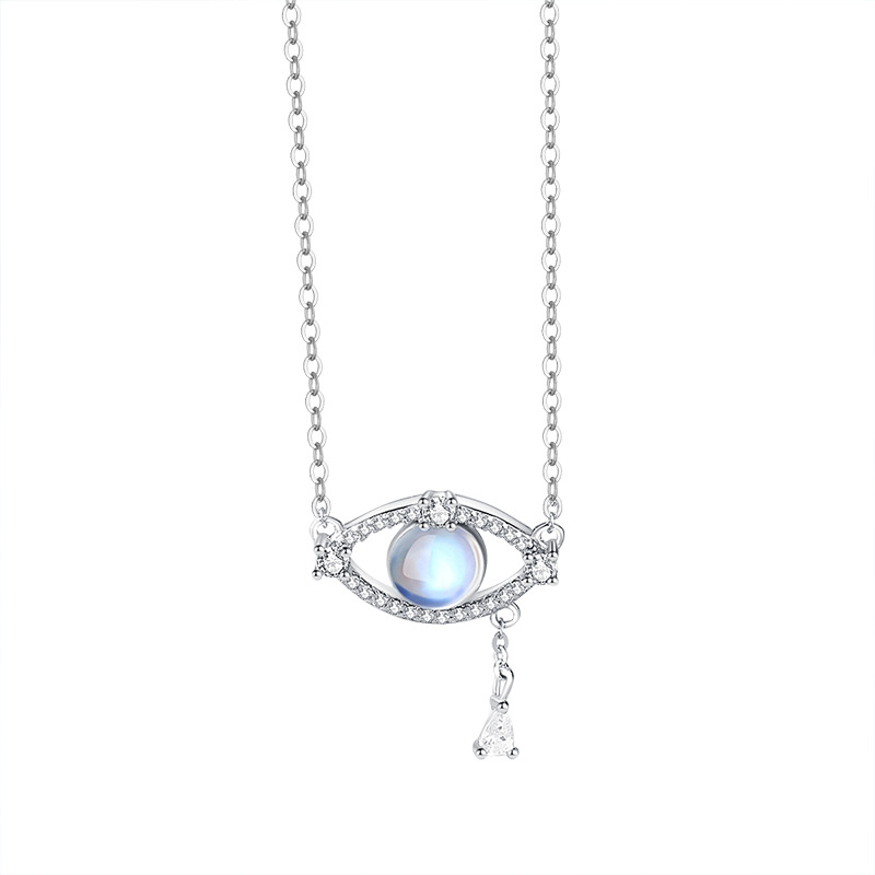 S925 Sterling Silver Collarbone Chain With Moonstone Pendant Devil'S Eye Necklace