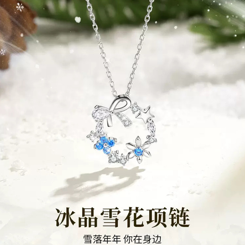 S925 Sterling Silver Christmas Snowflake Ring Necklace Female Bow Blue Zirconia Silver Jewelry