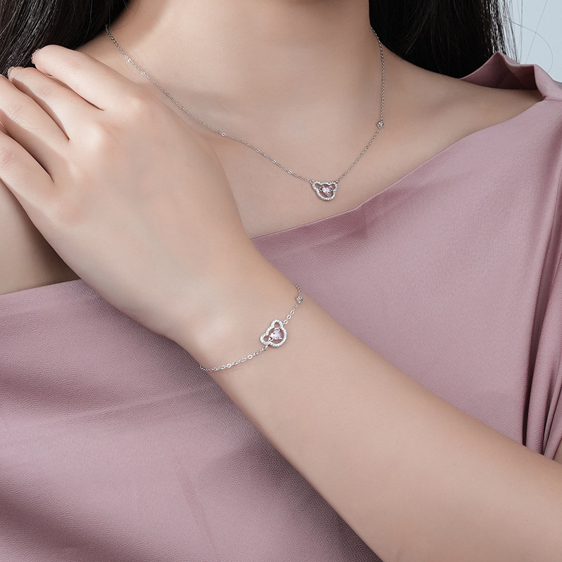 S925 Sterling Silver Heartbeat Bear Necklace Female Cute Collarbone Chain Inlaid Pink Zirconium Bracelet Set