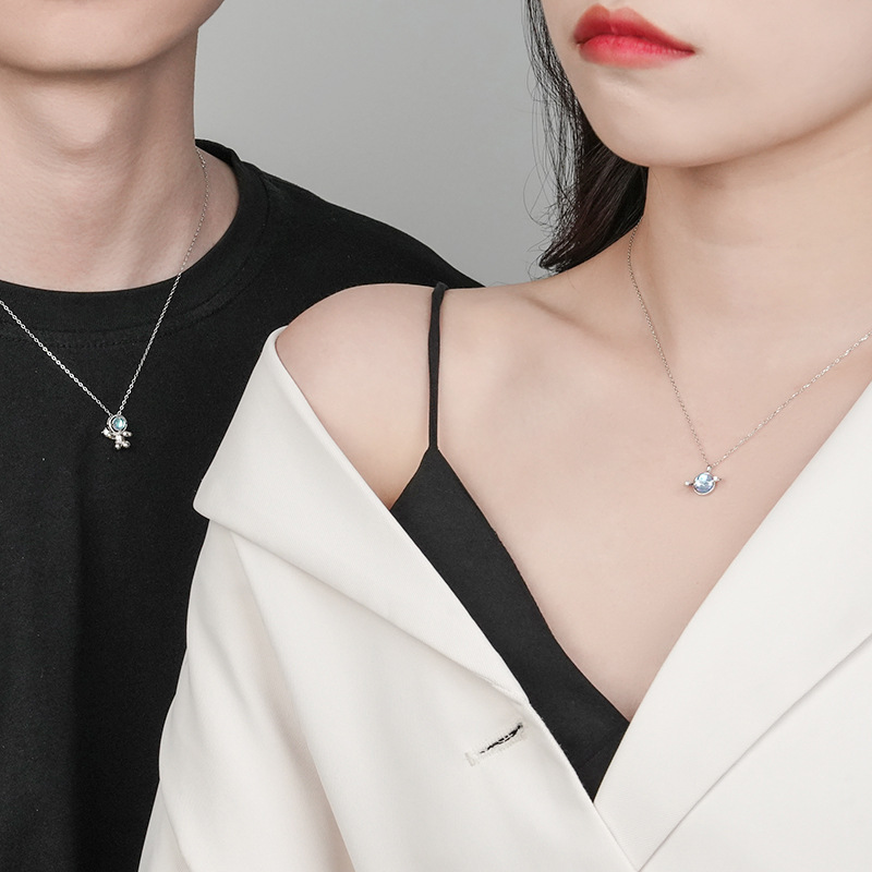 S925 Sterling Silver Couple Necklace Astronaut Planet Inlaid Moonstone Clasp Chain
