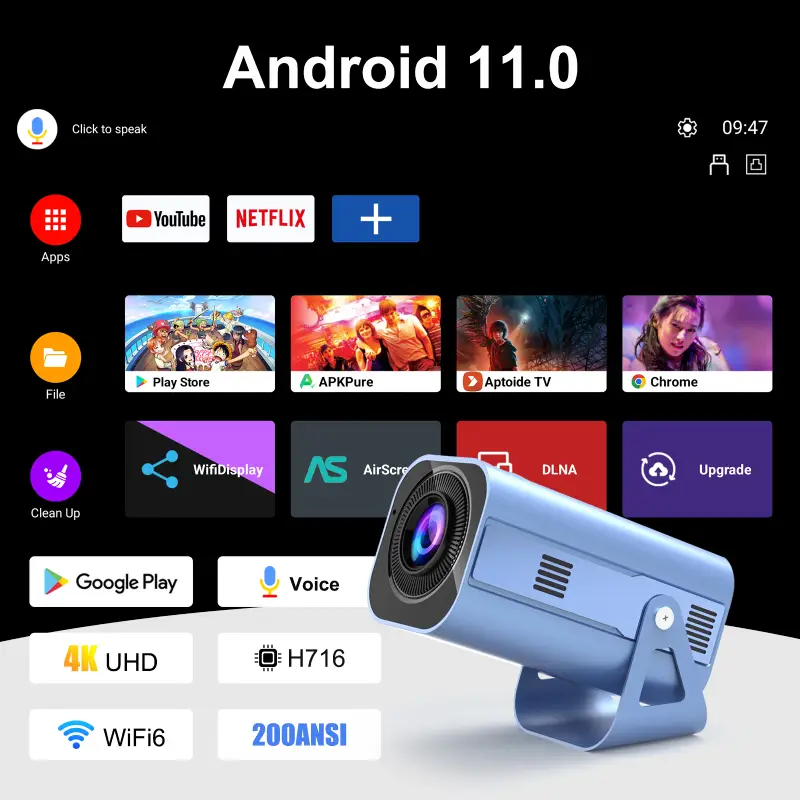 H96 Max B11 Projector main features display with 4K, WiFi6, and voice control
