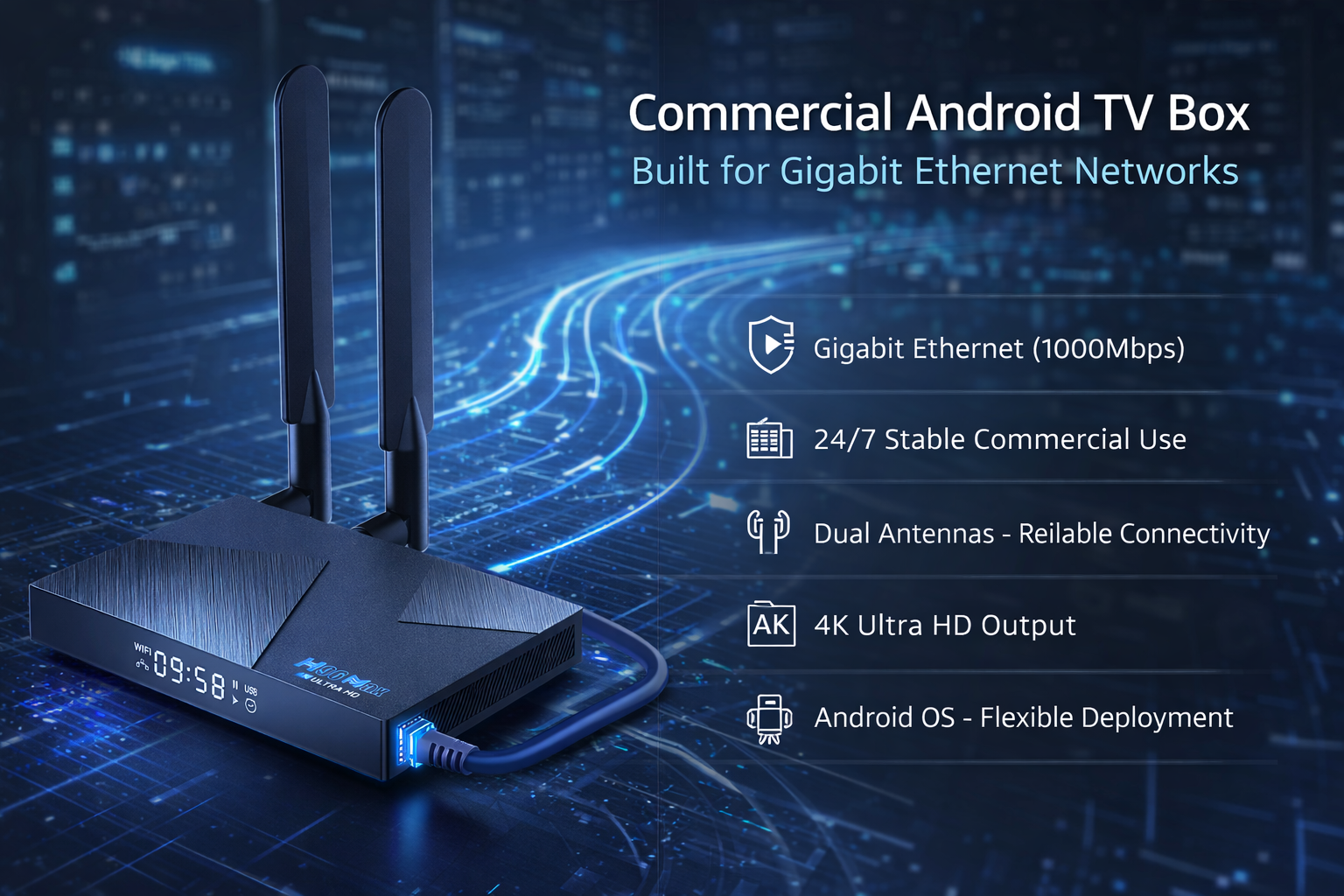 Commercial Android TV box designed for gigabit Ethernet networks