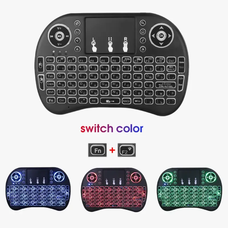i8 Mini Keyboard showing adjustable RGB backlight in multiple colors