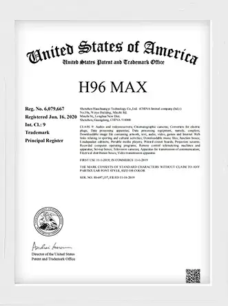 <table>
	<tbody>
		<tr>
			<td>
			</td>
		</tr>
	</tbody>
</table>
<table>
	<tbody>
		<tr>
			<td>
				H96 Max registered brand certificate for Android TV Box
			</td>
		</tr>
	</tbody>
</table>
