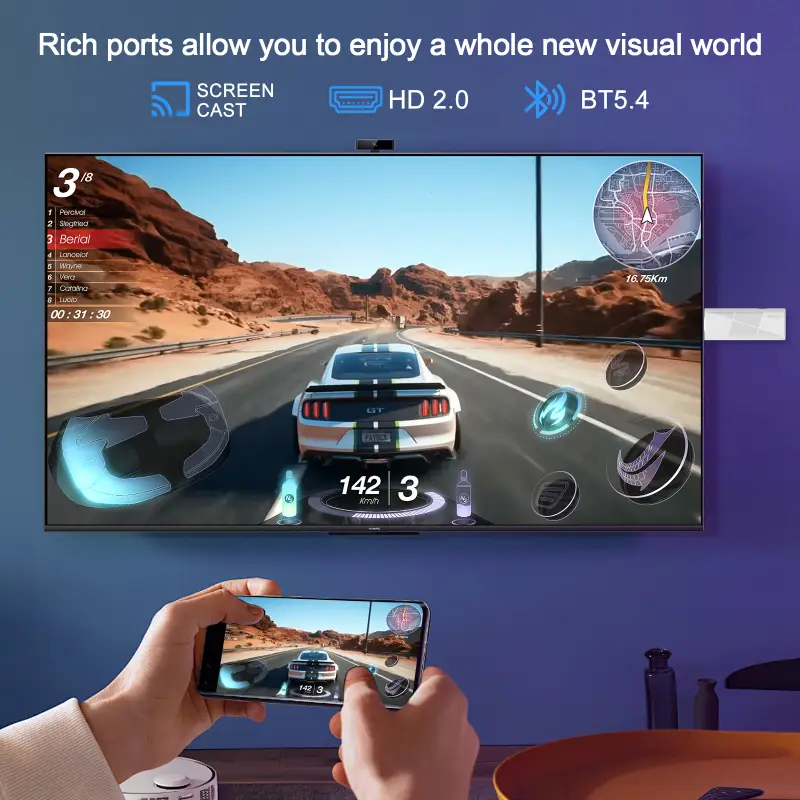 H96 Max RK3518 TV Stick running a racing game on large screen with vibrant graphics