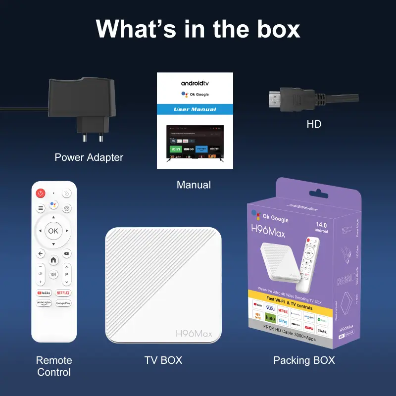 Front and side view of H96 Max H313 Android TV Box retail packaging