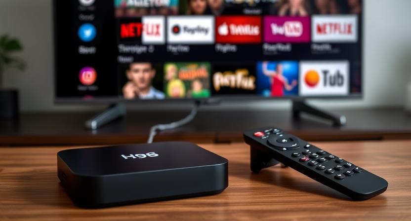 A sleek H96 Max Android TV box with logo connected to a flat-screen TV with streaming apps