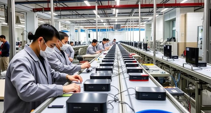 Android TV box ODM assembly line with workers testing devices