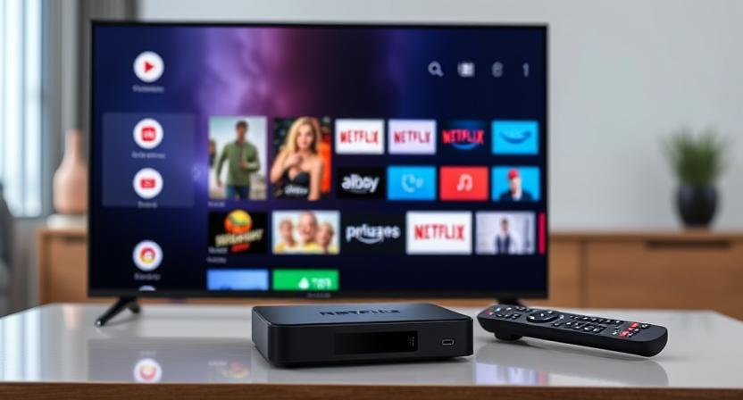 Android TV box running customized firmware with streaming apps pre-installed.