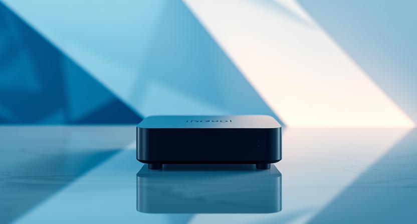 Android TV box with modern high-tech factory background