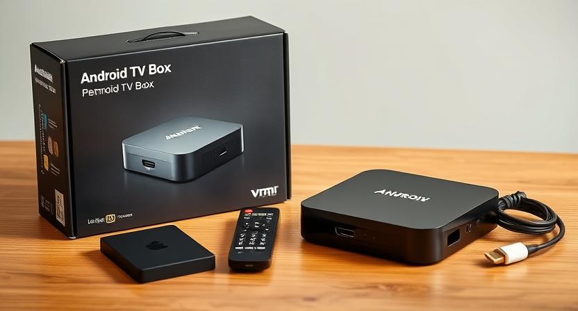 Android TV box with premium custom packaging displayed on a clean table