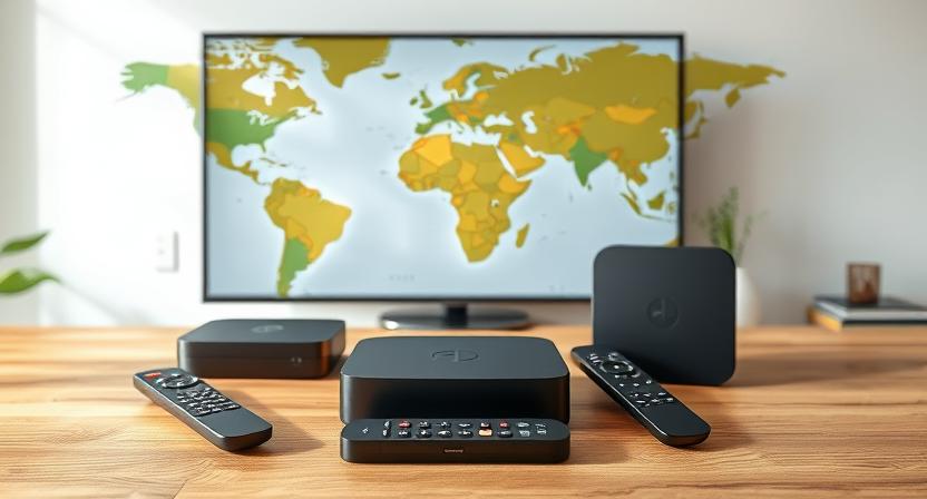 Android TV boxes on a table with world map in the background.