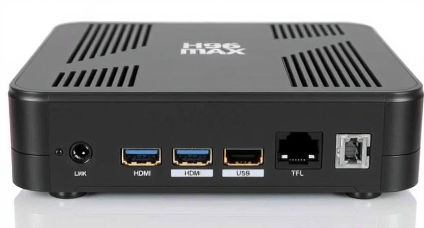 Back view of H96 Max TV box showing HDMI, USB, LAN ports