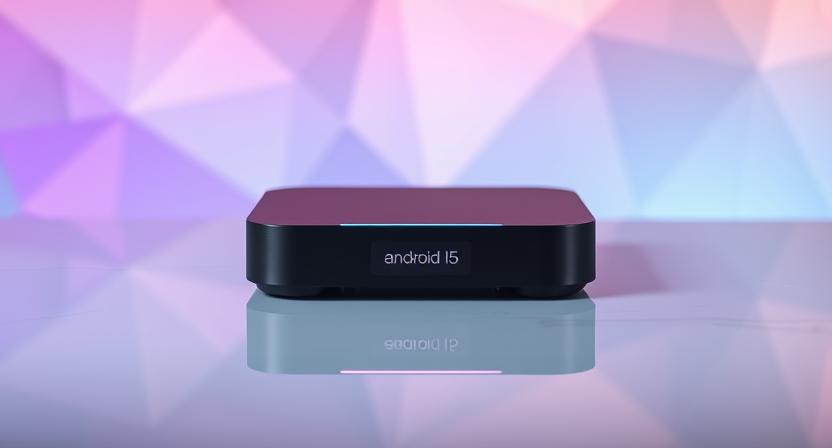 Bright modern Android 15 TV box with streaming icons