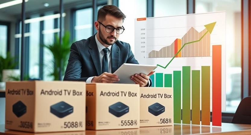 Distributor reviewing bulk Android TV Box shipments and sales charts, showing profit growth