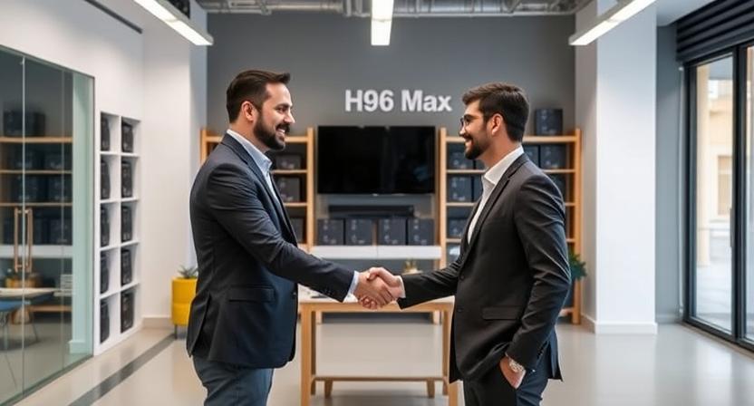 Business handshake with Android TV boxes in the background, symbolizing supplier