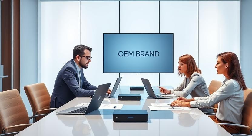 Business meeting between resellers and Android TV box supplier discussing OEM options