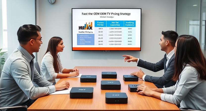 Business meeting discussing competitive pricing strategy for OEM TV boxes