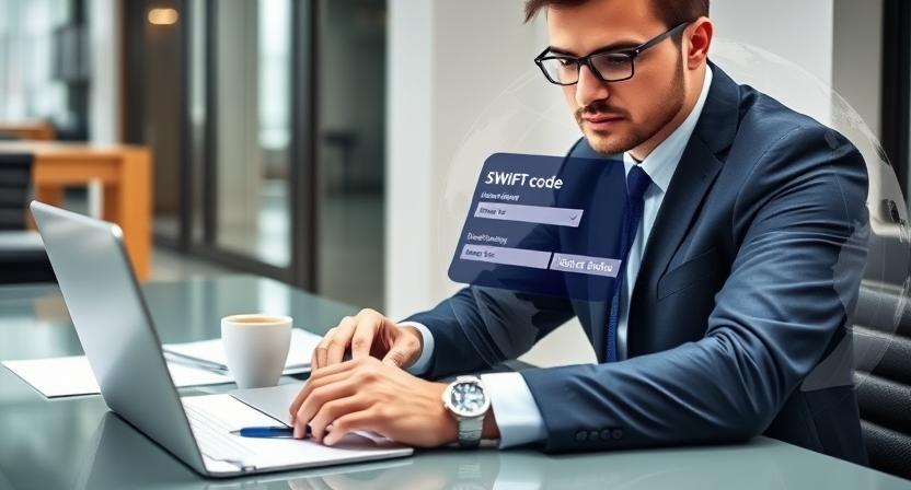 Business person making international bank wire transfer online
