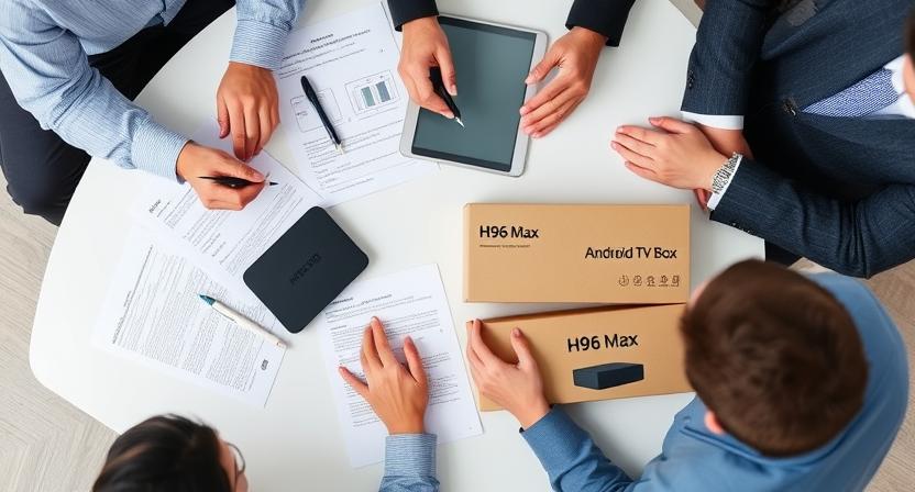 Business team reviewing Android TV box contract with supplier