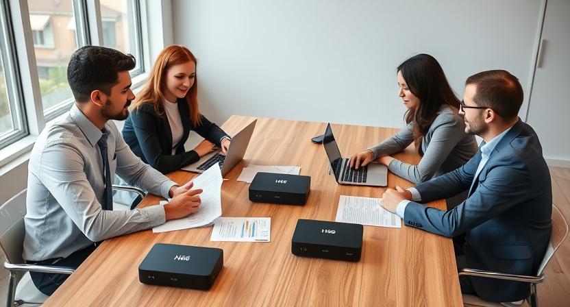 Business team reviewing bulk Android TV box contract
