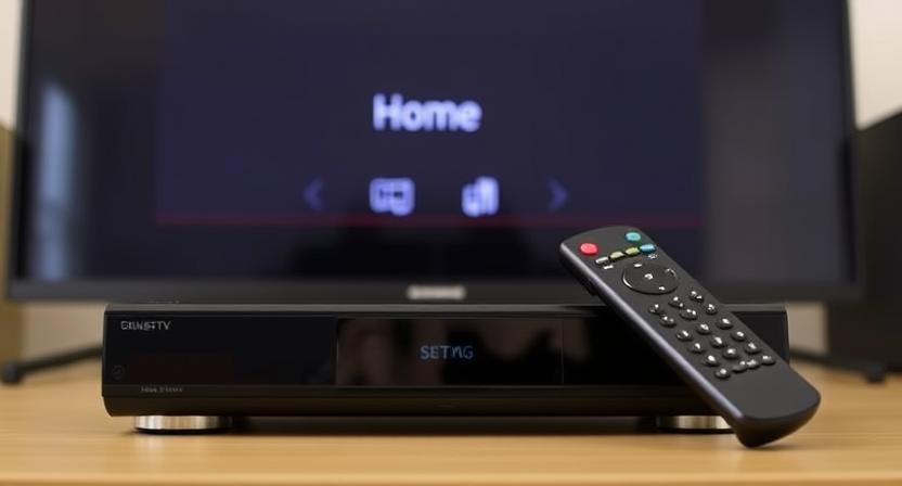 Classic set top box with remote control placed in front of a TV
