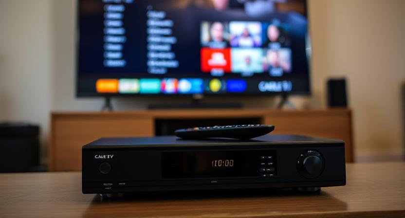 Classic settop box with remote control placed in front of a TV