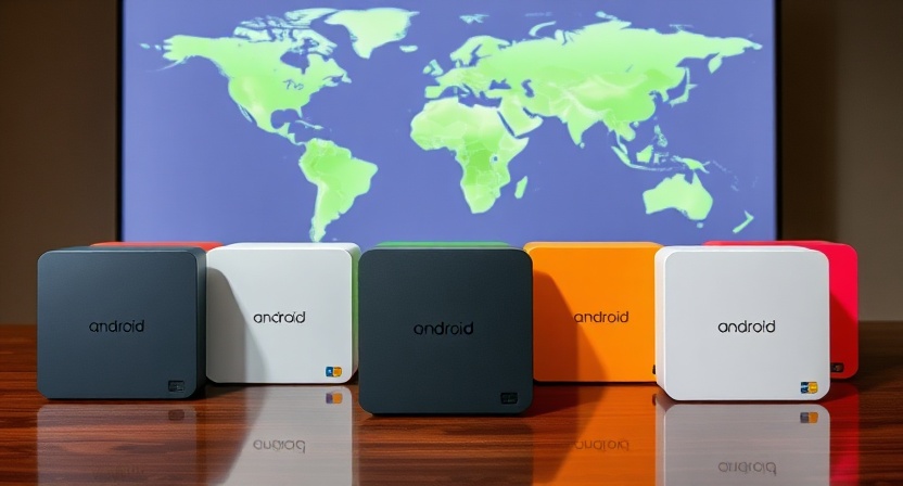 Close-up of Android 15 TV box with holographic globe