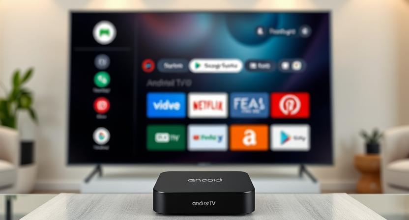 Close-up of Android TV box UI showing custom branding