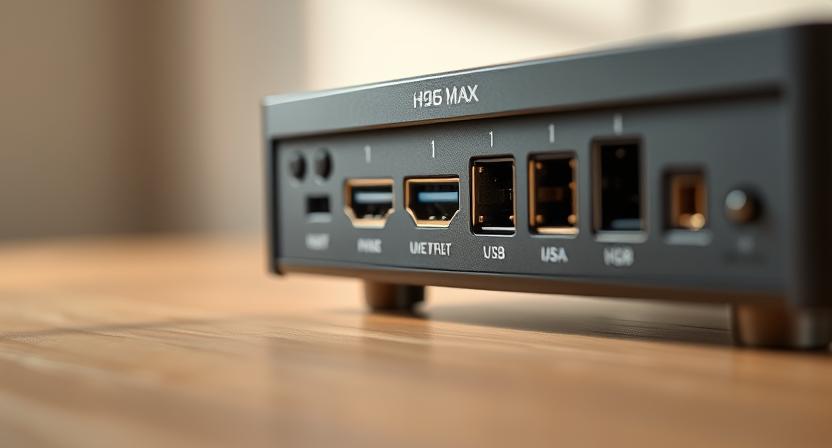 Close-up of Android TV box ports showing HDMI and USB connections