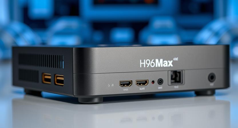 Close-up of H96 Max 4K TV box ports and HDMI connection