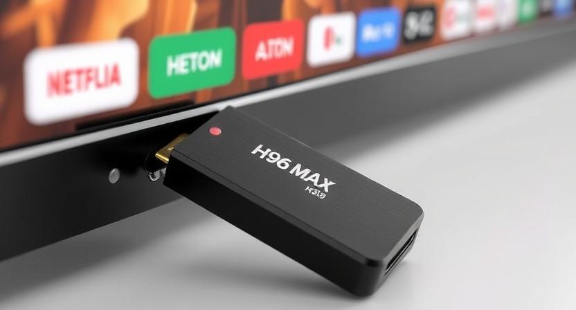 Close-up of H96 Max H313 TV Stick with HDMI connected to a smart TV