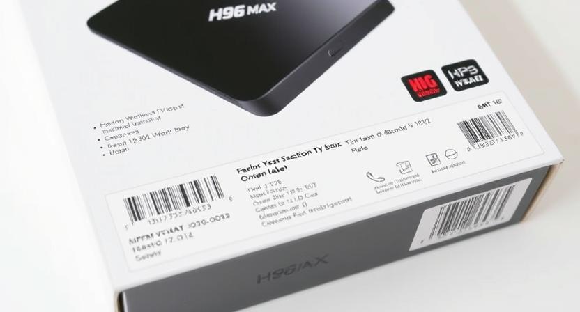 Close-up of H96 Max TV box packaging with custom labels and barcodes