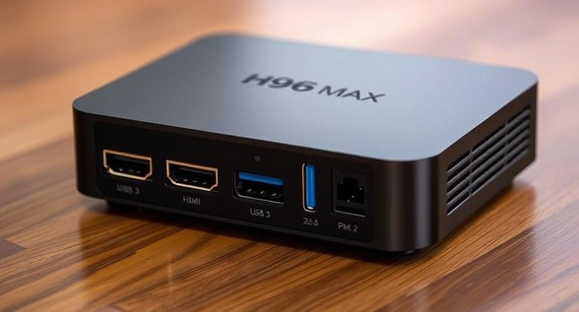 Close-up of H96 Max TV box showing HDMI and USB ports