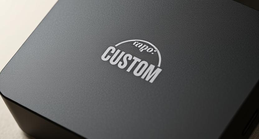 TV Box close-up with custom logo, showing intricate design details and high-quality surface texture.
