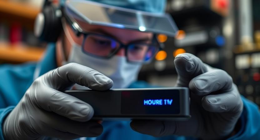Close-up of a technician testing Android TV box before shipment for quality assurance