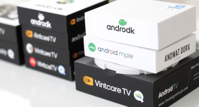 Close-up of custom-printed Android TV boxes with unique logos 