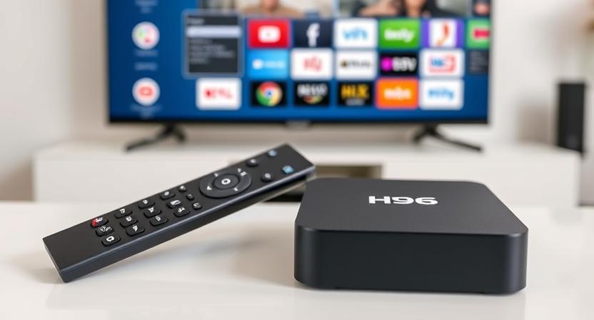 Close-up of remote and TV box with customized UI and logos