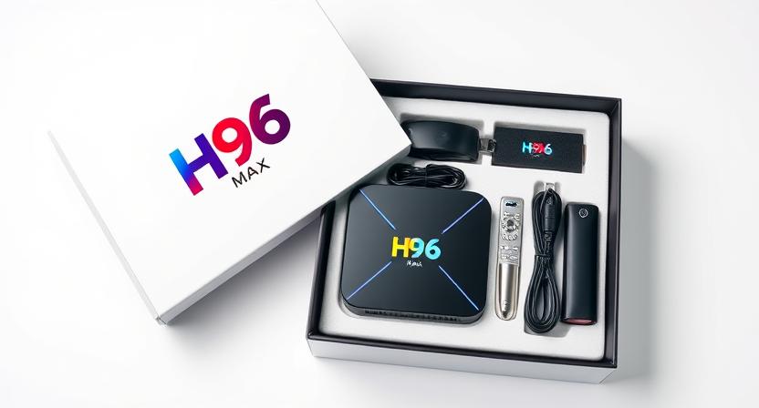 Custom branded gift box with H96 Max Android TV box and accessories