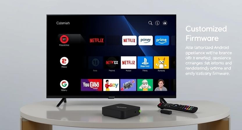 Customized Android TV box UI showing branded launcher with apps