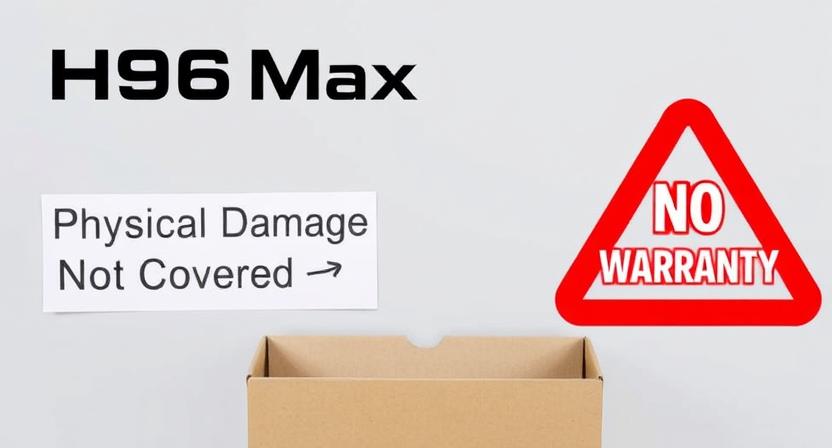 Damaged Android TV box with warning sign for no warranty