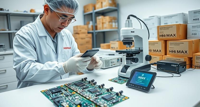 Engineer performing quality checks on Android TV box chipsets