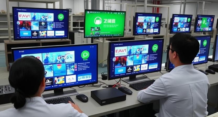 Engineers testing Android TV box firmware on multiple screens