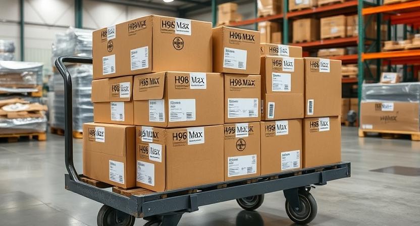 Express-labeled cartons of Android TV boxes on warehouse trolley
